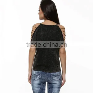 2015 New Stylish Girls Personalized Chain String Sleeve t Shirt, Short Sleeve Black t Shirt thumbnail-2