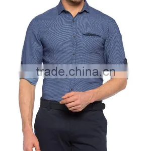 Blue Solid Super Skinny Long Sleeve Buttonless Men Shirt thumbnail-1