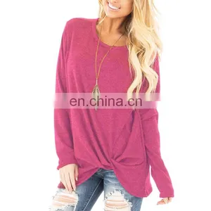 Wholesale Solid Color Hem Irregular Knot Blank Long Sleeve Women T Shirt thumbnail-1