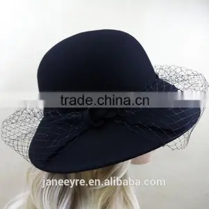 Hot Sale Women's Wide Brim Wool Felt Hats With Veil Fascinator thumbnail-5
