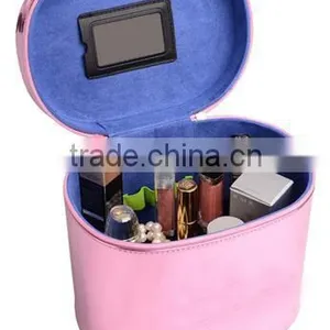 Custom Leather Travel Cosmetic Organizer Artist Train Box,pink Leather Makeup Vanity Case,beauty Travel Carrying Case thumbnail-3