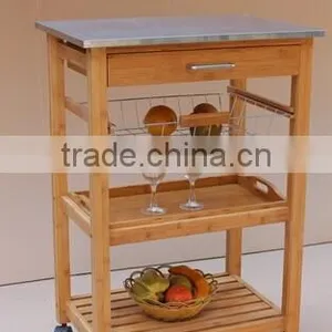 Wooden Kitchen Trolley With 2 Tiers, 1 Drawer,1 Stainless Steel Basket thumbnail-1