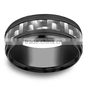 Titanium Men's 9mm Black Comfort Fit Grey Carbon Fiber Center Ring thumbnail-1