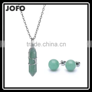 Big Promotion Green Aventurine Natural Stone Bullet Necklace Earrings Jewelry Set SMJ0167 thumbnail-1