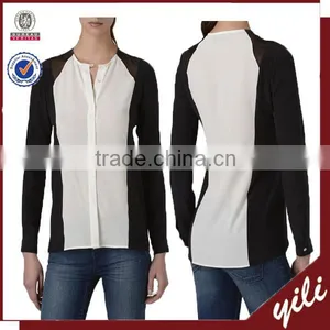 2015 Women Long Sleeve Color Block Shirt Silk Black&white thumbnail-1