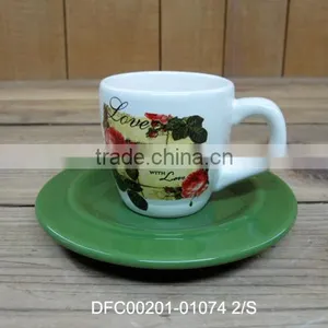 Rose Decal Design Ceramic Coffee Cup With Green Saucer thumbnail-1