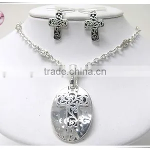 Textured Metal Cross Engraved Oval Pendant Chain Necklace Earring Set thumbnail-1