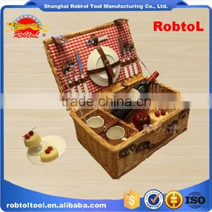 Woven Wicker Willow Picnic Basket Outdoor Hamper Lidded Set Cutlery Dinnerware BBQ Camping Vineyard thumbnail-1