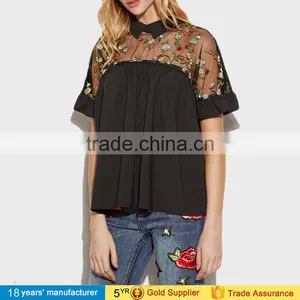 2017 Summer Tops Black Flower Embroidered Sheer Neck Ruffle Cuff Tie Back Top Woman Short Sleeve Vintage Blouse thumbnail-3