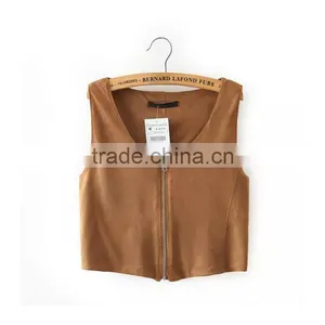 Trendy Retro Full Zip Faux Suede Sleeveless Bodycon Short Crop Vest Tank Jacket Top thumbnail-4