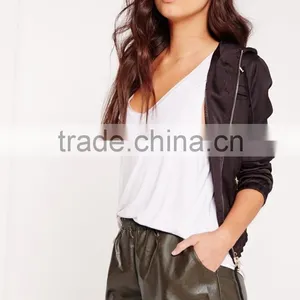 Custom Ladies Khaki Elasticated Waist Faux Leather Shorts thumbnail-3