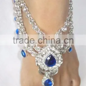 SILVER Blue Crystal Anklets Toe Ring Barefoot Sandal PAYAL Pair thumbnail-1