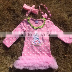 2015 New Baby Girls Pink White Polka Dot Bunny Easter Dress With Necklace and Headband Set thumbnail-1