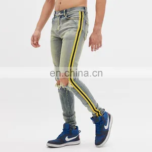 DiZNEW Men's High Stretch Striped Ripped Blue Skinny Side Jeans Man thumbnail-5