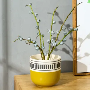 Blue And Yellow Stripe Large Hand Paint Ceramic Flower Pot For Study And Dining Room thumbnail-2