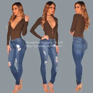Wholesale Custom Women Ripped Jeans Pants High Waist Bell Bottom Wide Leg Ladies Denim Jeans thumbnail-1