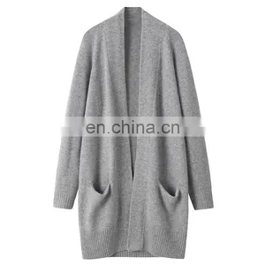 Women's 100% Cashmere Long Casual Knitwear Plus Size Cardigan Fashionable Solid Pattern Winter Sweater With Front Logo thumbnail-3