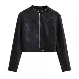 American INS High Street Retro Short Slim Motorcycle Jacket for Women in 2025 Autumn Vintage Color Leather Jacket and Suede Jacket thumbnail-3
