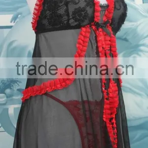 OEM Sexy Open Transparent Black -red Sleeping Dress,babydoll Lingerie thumbnail-2