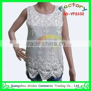 New Fashion Korean Style Women Sleeveless Lace Elegant Blouse Design Organza Embroidery Tank Top for Women Blouse thumbnail-5