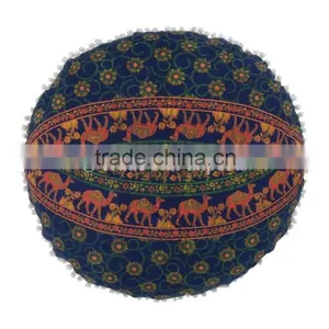 Elephant Print Round Floor Cushion Large Mandala Pillow Cover Decorative Throw Pillows Pom Pom Roundie Indian Cushion Cover thumbnail-3