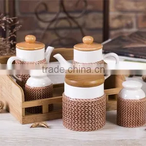 Brown Knitting Embossed Ceramic Salt Pepper Oil and Vinegar Set With Bamboo Stand thumbnail-1