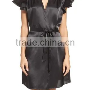 Latex Design Wholesale Satin Robe Shirred Shoulders Double Layer Sweet Style Fashion Ladies Night Sexy Party Dress Wrap Robe thumbnail-2