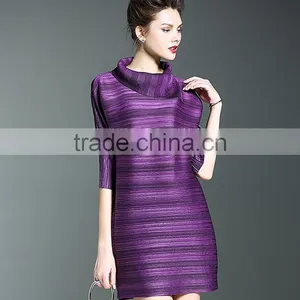 Women Striated Polo Neck Casual Pleated Dresses thumbnail-6