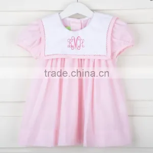New Style Smocked O Neck Dress 2017 Hot Sale Casual Short Sleeve Button Back Baby Dress for Boutique Kids Clothing thumbnail-5