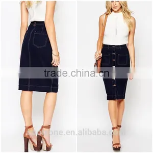 Latest Skirt Design Button Through Denim Skirt Lady Midi Skirt thumbnail-1
