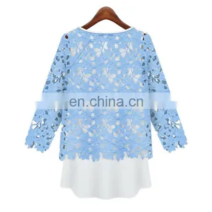 Lady Fashion Round Neck Lace Blouse With Chiffon Tank Top thumbnail-2
