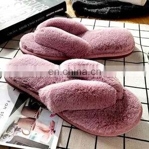 Wholesale Comfortable Soft Solid Colors Fashionable Sandals Fur Slides Rabbit Fur Furry Slippers for Women thumbnail-5