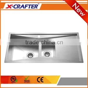 Pro CNC Welding Process Two Holes Double Bowl Small Corner Brushed Kitchen Sink Cabinet thumbnail-1