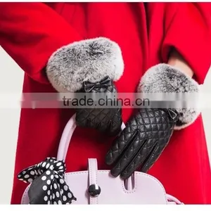 Sheep Leather Lattice Pattern With Bowknot Ornaments Rex Rabbit Fur Trim thumbnail-3