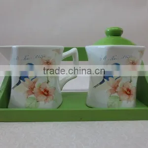 Fine Decal Ceramic Sugar Jar With Creamer Set With Verdant Woodend Stand thumbnail-1