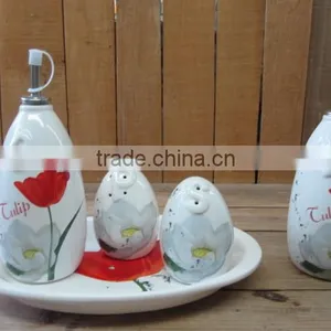 Useful Ceramic Kitchen Condiment Shaker and Dispenser Bottle Set With Tray thumbnail-1