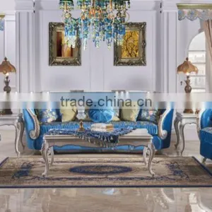 Graceful Blue Fabric Solid Wood Hand Carving Frame Living Room Sofa Set thumbnail-1