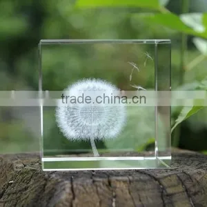 Desktop 3D k9 Crystal Glass Cube With Dandelion Figurines Inside For Souvenir Gifts thumbnail-4