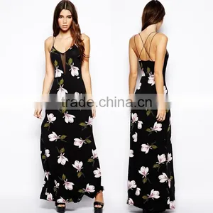 Ladies Summer Sleeveless Classic Floral Print Deep V-neck Back Open Sexy Halt Fitted Long Sexy Split Maxi Dress thumbnail-2