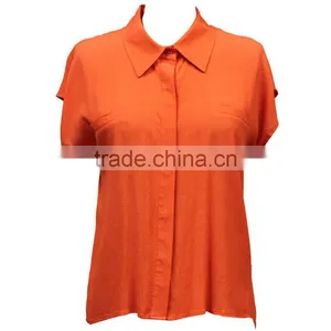 Summer Ladies Fashion New Model Short Sleeve Placket Hidden Loose Fit Plain Dyed Orange Sweet Shirts thumbnail-3