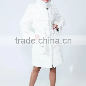 Rex14051 Horizental Stripe Sheeted Rex Rabbit Fur Coat Cuffs White Stand Collar thumbnail-1