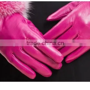 Hot Pink Lamb Leather Gloves With Fluffy Fox Fur Trim Fashion Leather Wrist Gloves thumbnail-5