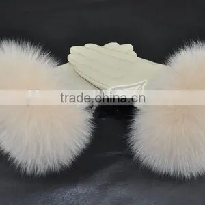 Top Luxury Fashion Desgin Beautiful Fox Fur Wrist Ladies Sheepskin Leather Gloves thumbnail-5