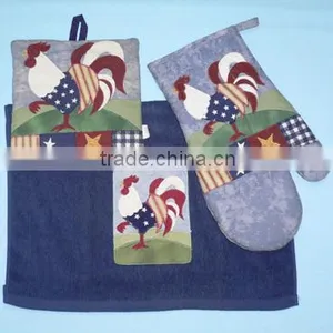 2017 Rooster Design 3 Pcs Silk Screen Print Cotton Kitchen Towel Set thumbnail-1