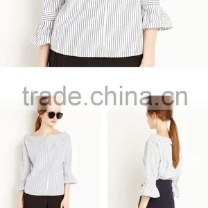 Women's Bell Sleeve Stripe Pattern Round Neck Pleated Blouse thumbnail-6