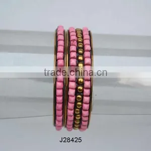 Brass and Resin Mosaic Bracelets Three Pink Bands thumbnail-1