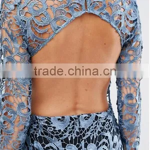 Good Quality Fashion Petrol Blue Bandeau Underlay Kick Split Lace Open Back Dress thumbnail-3