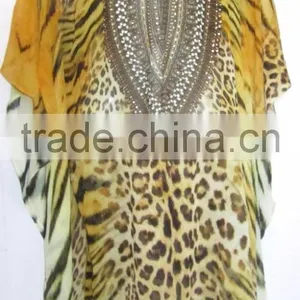 Brown Leopard Print Crystal Embellished Tie up Kaftan CAFTAN Tunic Poncho Blouse thumbnail-1