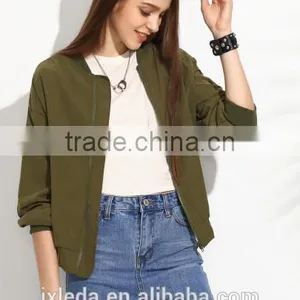 Olive Green Drop Shoulder Ladies Bomber Jacket With Zip Pocket thumbnail-4