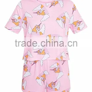 Custom Made Women Pyjama Set Pale Pink Unicorn Short PJ Set Digital Print Full Print Pajama Set thumbnail-4
